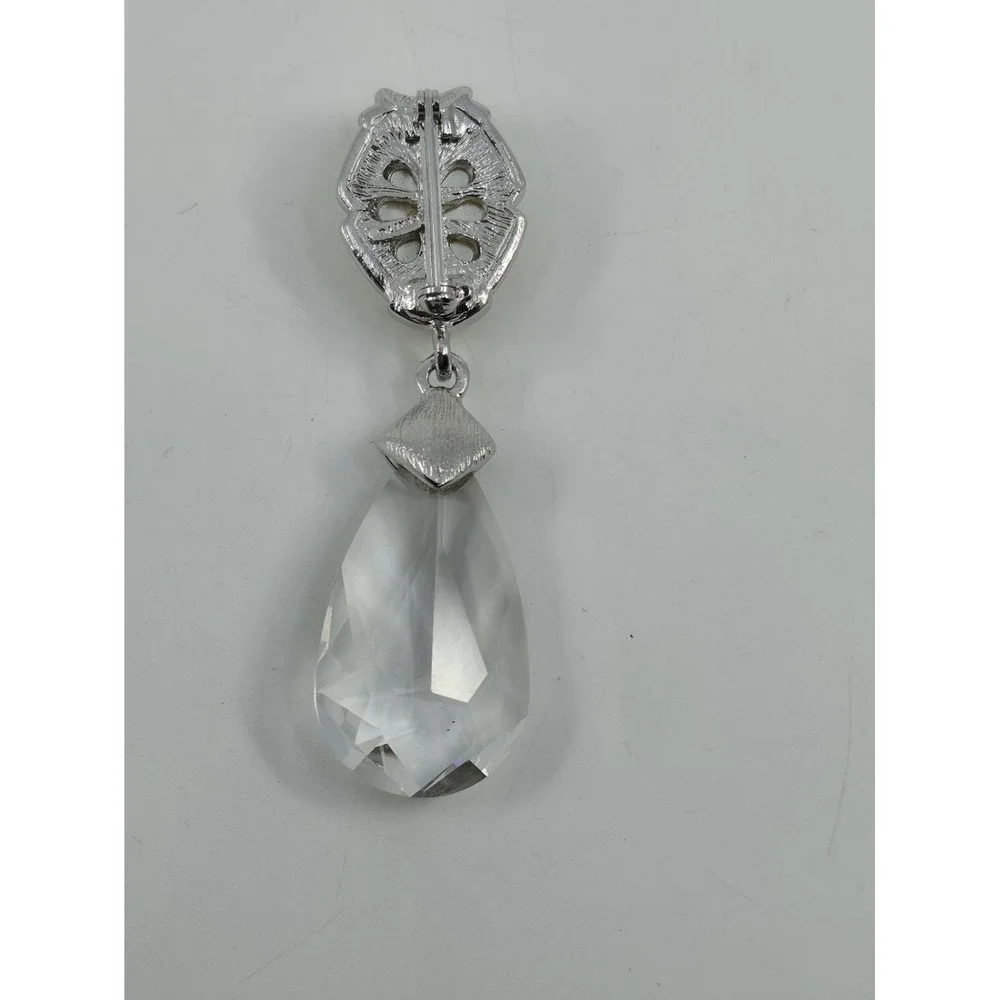 Vintage Signed Craft Silver Tone Faux Pearl Rhinestone Teardrop Crystal Brooch